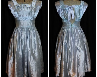 VTG 50's 60s / Teena Paige Steel Blue Formal Dress / XXS-XS / Party Prom / Fit Flare Raw Silk