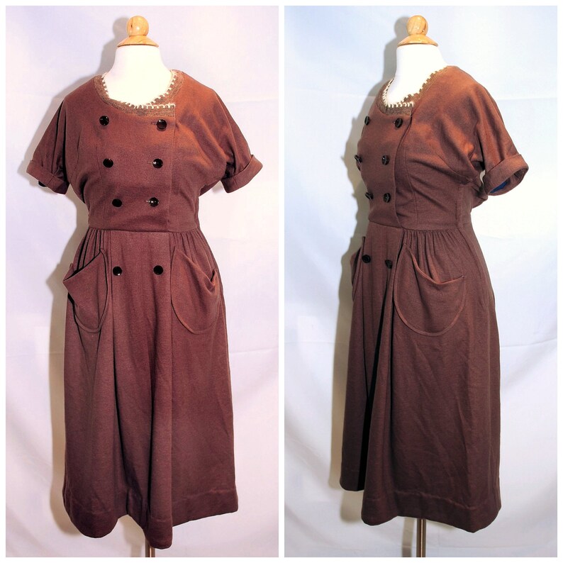 Vintage 1960's / Helen Whiting Brown Wool Day Dress / Button Front / XS-S / Swiss Miss Style image 1