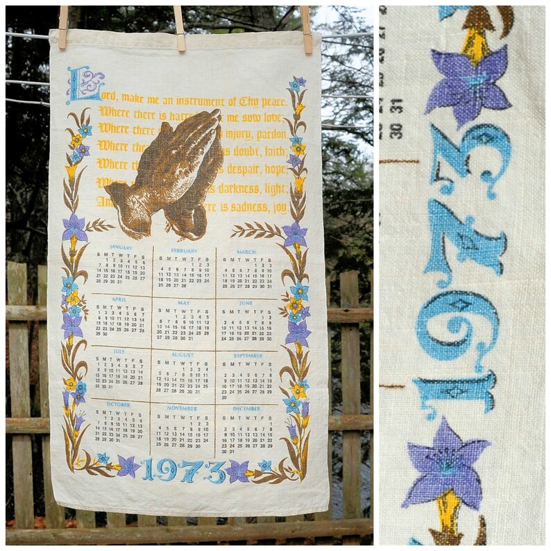 VTG 1973 /'Instrument of Peace/' Prayer Calendar Tea Towel Anniversary Birthday Gift Religious