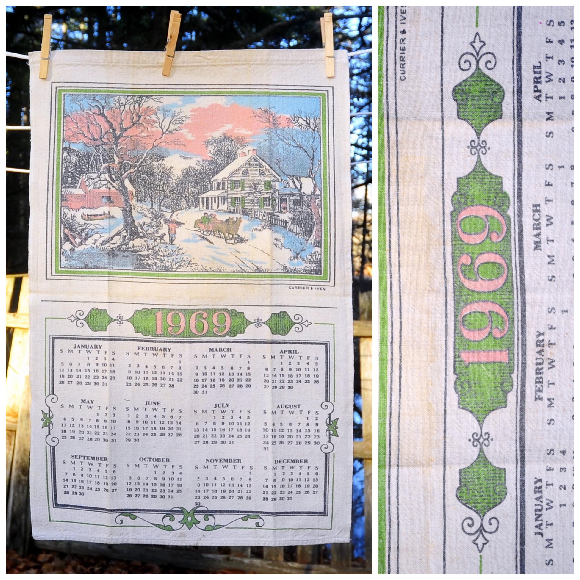 VTG 1969 Currier & Ives Linen Calendar Towel / Winter Scene with House, Horse and Buggy / Birthday Housewarming Gift