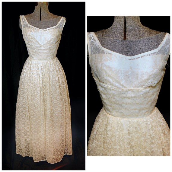 VTG 50's / Ivory Floral Lace Prom Formal Wedding … - image 1