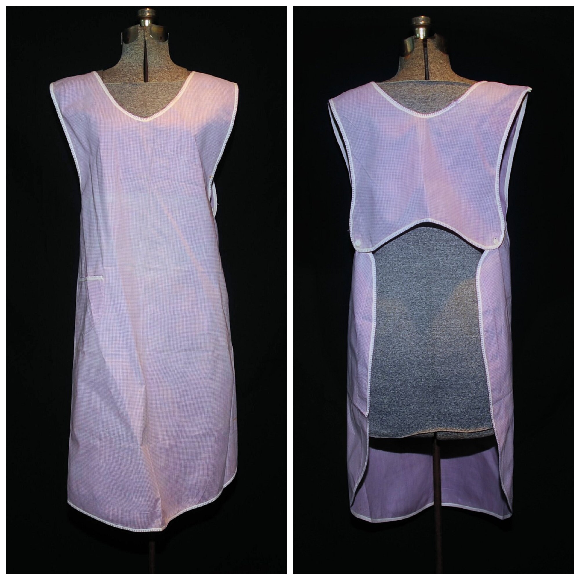 Vintage 60's / Lavender Check Long Smock Cotton Apron / 2button Back