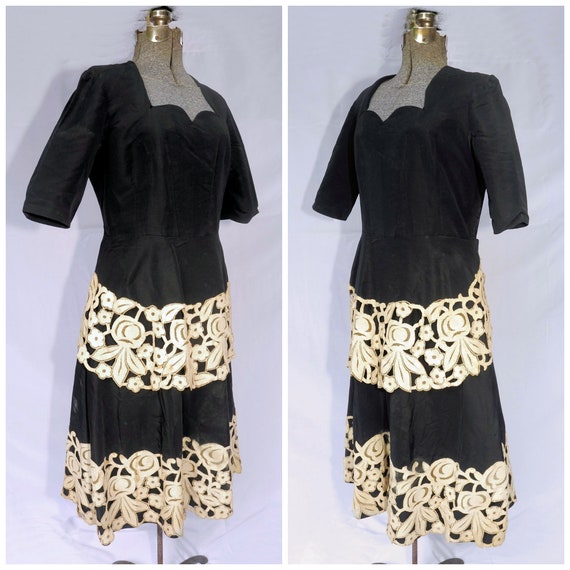 Vintage 40's 50's / Black Fit Flare Party Dress I… - image 6