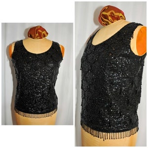 VTG 60&#39;s / Black Sequin & Beaded Wool Tank Shell / Size LG / Back Metal Zipper / Formal Party