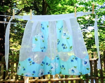VTG 60's / Robin's Egg Blue Floral Print Fancy Organza Hostess Apron / Cottagecore Farmcore