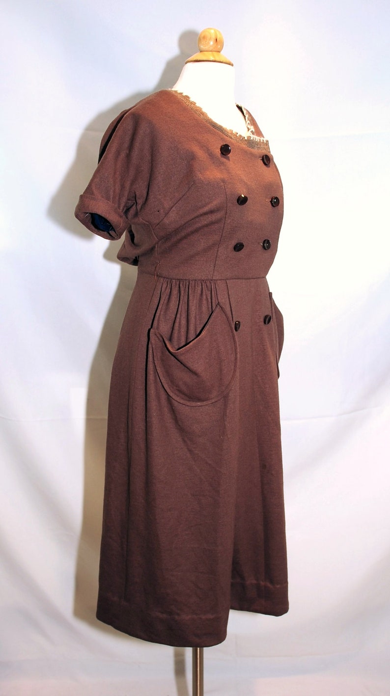 Vintage 1960's / Helen Whiting Brown Wool Day Dress / Button Front / XS-S / Swiss Miss Style image 6