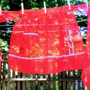 VTG 50&#39;s / Christmas Red Illusion Hostess Apron / Sequins & Ric Rack / Valentines Day, 4th of July