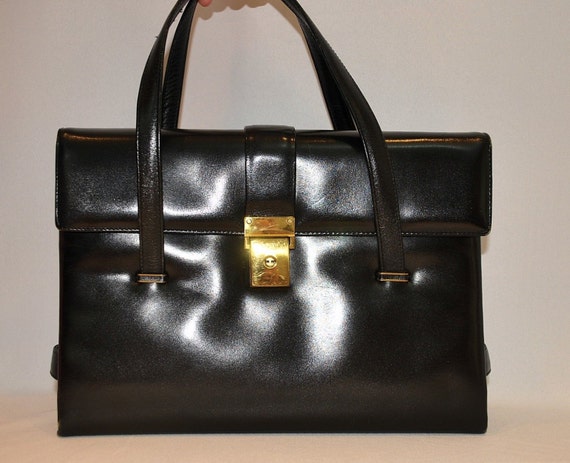 Vintage Black Leather Handbag Purse / Red Accordi… - image 2