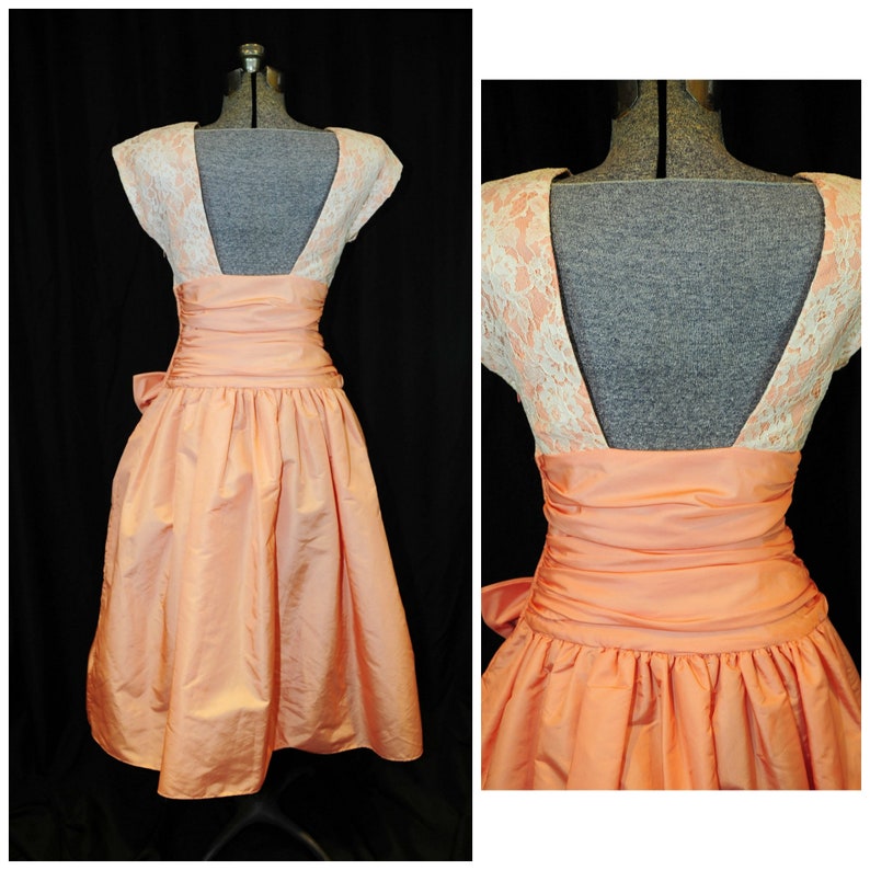 VTG 80's Patty O'Neil Peach Formal Dress / Size Small / Party Prom Fit Flare Style / Taffeta & Lace ILGWA image 4