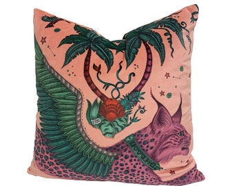 Funky Modern Coral Pink Maximalist Fantasy Leopard Spotted Lynx Velvet Cushion Cover - Handmade Throw Pillow - Designer Home Décor