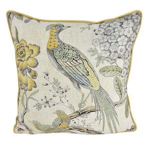 Anna French x Thibaut - Villeneuve - Yellow and Grey - Antique Avant Garde Bird Designer Cushion Cover - Luxury Throw Pillow - Handmade