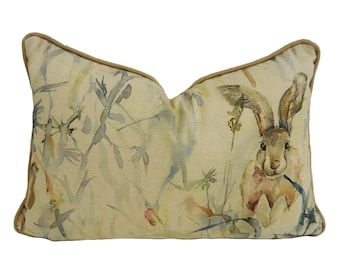 Voyage - Jack Rabbit - Linen - Playful Watercolour Rabbit & Thistle Cushion Cover - Handmade Throw Pillow Designer Home Decor