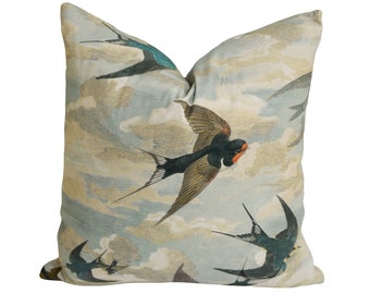 John Derian for Designers Guild - Chimney Swallows - Sky Blue - Tranquil Swooping Swallow Designer Cushion Cover - Luxury Throw Pillow