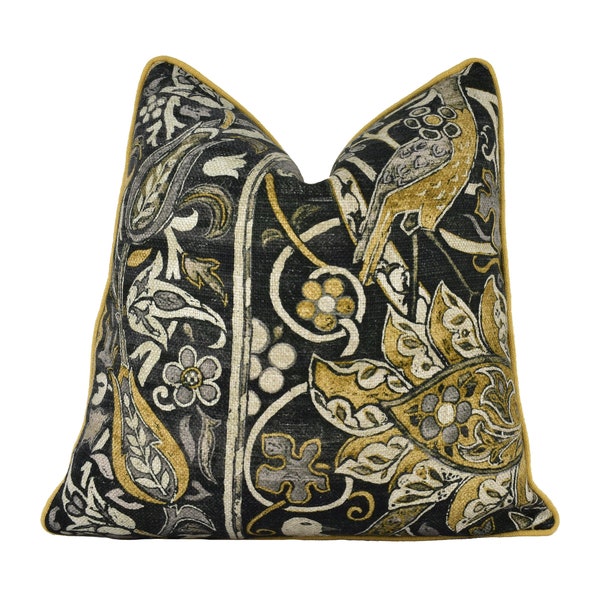 William Morris - Bullerswood - Charcoal / Mustard - Contrast Piped Cushion Cover Pillow Throw Designer Home Decor
