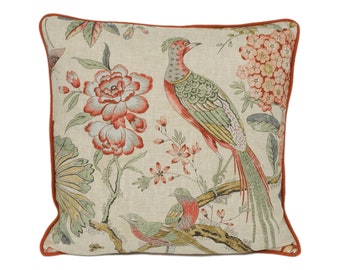Anna French x Thibaut - Villeneuve - Coral on Flax - Antique Avant Garde Bird Designer Cushion Cover - Luxury Throw Pillow - Handmade Home