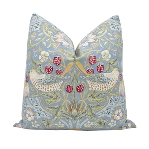 William Morris - Strawberry Thief - Slate / Vellum - Iconic Floral Morris Designer Cushion Cover - Handmade Cheeky Bird Blue Pillow Cover