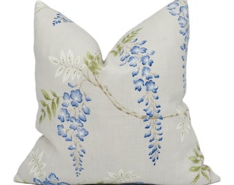 Colefax and Fowler - Grayshott - Blue / Green - Delicate Trailing Wisteria Designer Cushion Cover - Handmade Throw Pillow Luxury Home Décor