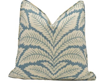 Brunschwig & Fils - Talavera - Aqua - Botanical Leaf Designer Cushion Cover - Tropical Blue White Leafy Handmade Pillow Cover - White Frond