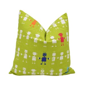 Harlequin - Reggie Robot - Lime / Multi - Funky Retro Robot Design Cushion Cover - Bold Kids Luxury Throw Pillow - Fun Handmade Home Decor
