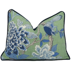 GP & J Baker - Hydrangea Bird - Emerald / Blue - Exotic Chinese Bird Designer Cushion Cover Majestic Blue Pheasant Green Floral Pillow Cover