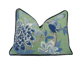 GP & J Baker - Hydrangea Bird - Emerald / Blue - Exotic Chinese Bird Designer Cushion Cover Majestic Blue Pheasant Green Floral Pillow Cover