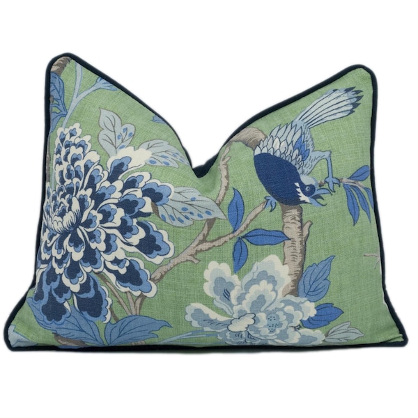 GP & J Baker - Hydrangea Bird - Emerald / Blue - Exotic Chinese Bird Designer Cushion Cover Majestic Blue Pheasant Green Floral Pillow Cover