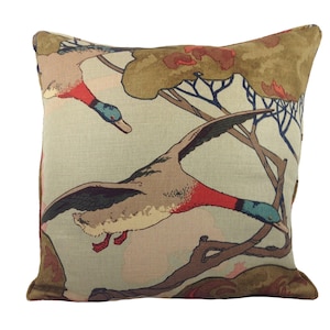 Mulberry - Flying Ducks - Sky Linen - Majestic Mallard Duck Art Deco Designer Cushion Cover - Luxury Throw Pillow - Handmade Home Decor