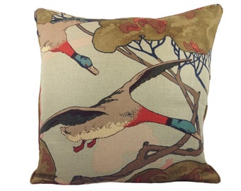 Mulberry - Flying Ducks - Sky Linen - Majestic Mallard Duck Art Deco Designer Cushion Cover - Luxury Throw Pillow - Handmade Home Decor