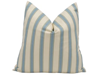 Ian Mankin - Blazer Stripe - Seagreen / Sage - Timeless Blue Striped Designer Cushion - Classic Mankin Green Stripy Pillow Cream Herringbone