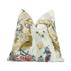 Thibaut - Moorea - Cream on Coral - 17th Century Block Print Cushion Cover - Asian Fishing Waterfall Throw Pillow - Exotic Forest Pillow