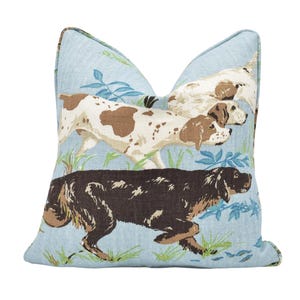 Schumacher - Pointers - Sky - Classic Hunting Scene Designer Dog Cushion Cover - Blue Country Quail Cottage Core Pillow - White Brown Piped