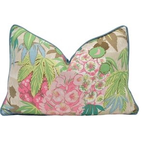 Schumacher - Del Lungo - Blush - Tiki Tropical Retro Bloom Designer Cushion - Bubble Gum Pink  Blue Jungle Botanical Bold Decor Pillow