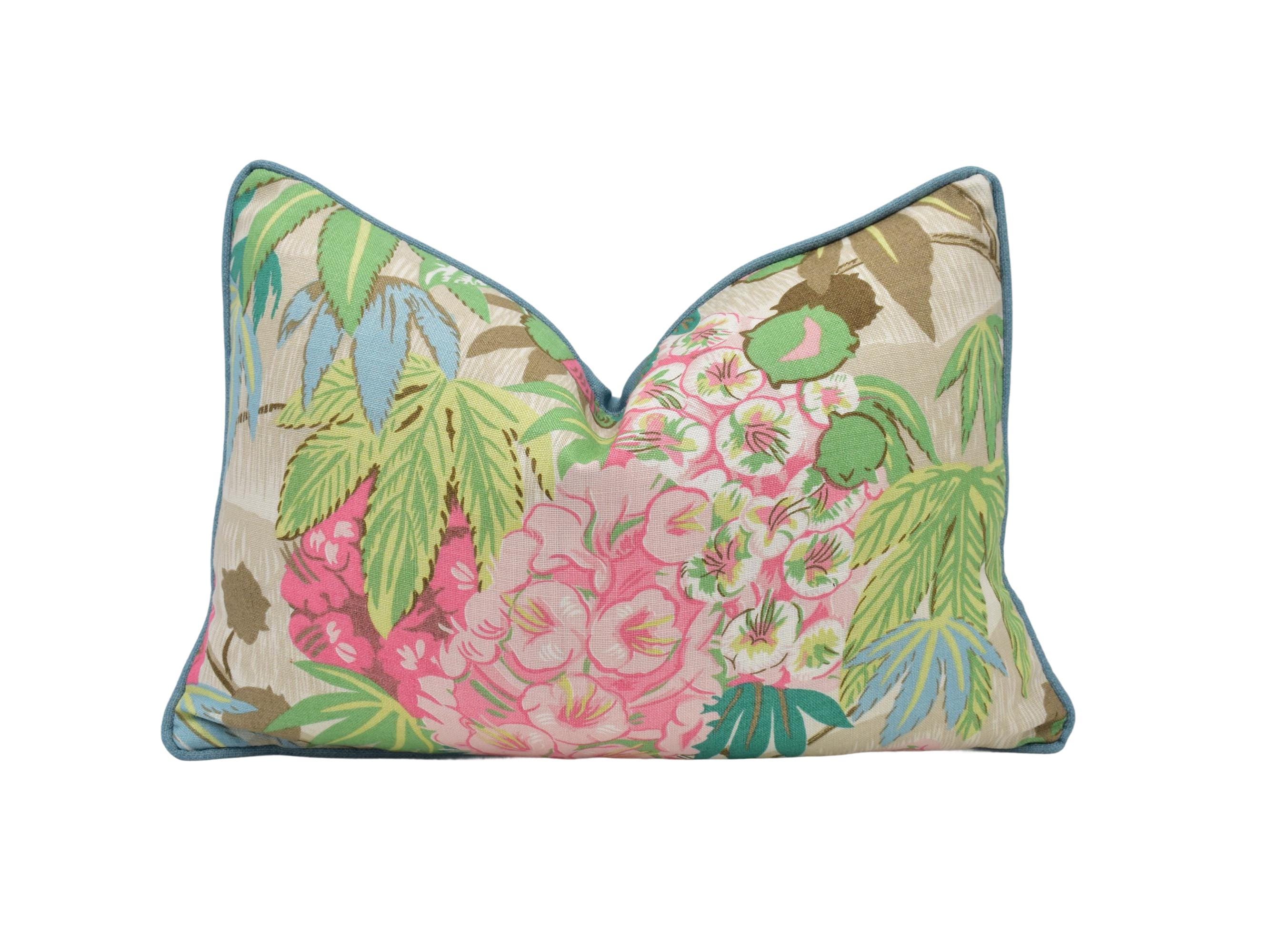 Schumacher - Del Lungo - Blush - Tiki Tropical Retro Bloom Designer Cushion - Bubble Gum Pink  Blue Jungle Botanical Bold Decor Pillow