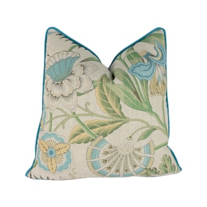 Anna French x Thibaut - Sky Blue & Green on Flax - Savoy Collection - Stunning Cushion Cover Pillow Throw Designer Home Decor