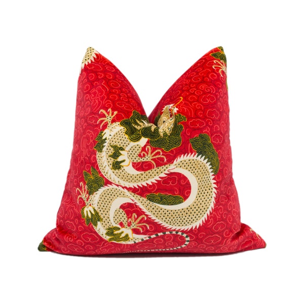 Sanderson - Water Dragon - Cinnabar Red - Plush Asian Inspired Velvet Cushion Cover - Handmade Throw Pillow - Designer Home Décor