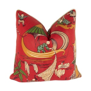 Sanderson - Pagoda River - Red / Gold -  Vintage Asian Chinoiserie Inspired Designer Cushion Cover - Luxury Throw Pillow - Home Décor