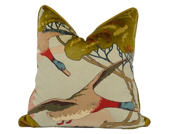 Mulberry - Flying Ducks Velvet - Sky - Majestic Mallard Duck Art Deco Designer Cushion Cover - Luxury Throw Pillow - Handmade Home Decor