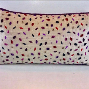 Voyage - Ceinwen - Lotus - Stunning Unique Silk Embroidered Cushion Cover - Handmade Throw Pillow Designer Home Decor 24 x 12&quot;