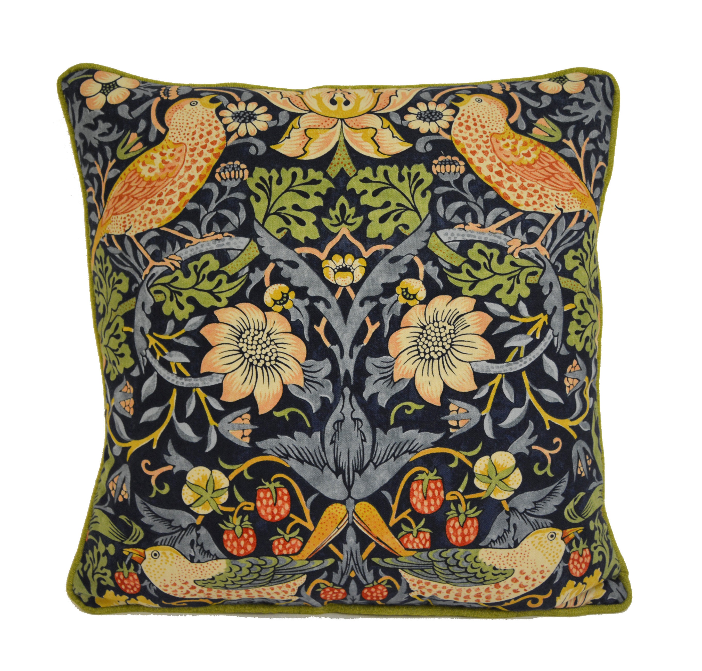 William Morris Strawberry Thief Cushion & pad Indigo PomPom Trim Organic Cotton William Morris Strawberry Thief Cushion & pad Indigo PomPom Trim Organic Cotton
