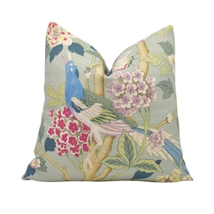GP & J Baker - Hydrangea Bird - Aqua / Rose - Prachtige exotische fazant designer kussenhoes blauw roze flora en fauna vogels kussensloop