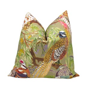 Mulberry - Game Birds Linen - Stone / Multi - Romantic Bohemian Cushion Cover - Luxury Designer Bird Throw Pillow - Neutral Pillow Cover