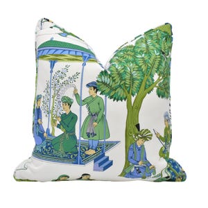 Manuel Canovas - Kalinda - Bleu de Prusse - Vibrant Traditional Indian Dancers Cushion Cover - Bold Pictorial Green Blue Elephant Pillow