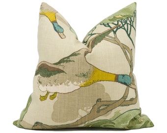 Mulberry - Flying Ducks - Emerald - Majestic Mallard Duck Art Deco Designer Cushion Cover - Luxury Throw Pillow - Handmade Home Decor