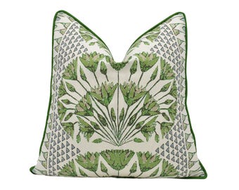 Anna French x Thibaut - Cairo - Green and White - Ancient Egyptian Lotus Flower Designer Cushion Cover - Luxury Throw Pillow - Handmade Home