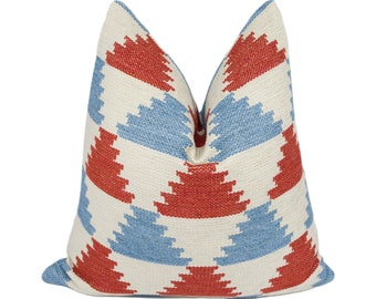 Jane Churchill - Ira - Red / Blue - Heavyweight Woven Geometric Cushion Cover Handmade Throw Pillow Designer Home Décor
