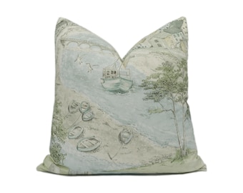 Sanderson - Sea Houses - Tidewater Blue - Tranquil Country Seaside Designer Cushion Cover - Luxury Throw Pillow - Handmade Home Decor