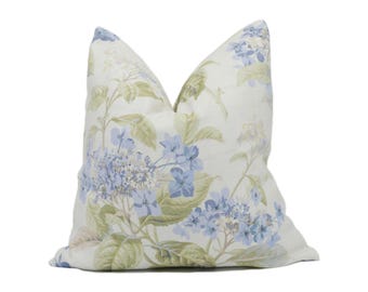 Colefax and Fowler - Eloise - Blue Green Cushion Cover – Hydrangea Floral Linen – English Country House Style – Romantic Botanical Decor