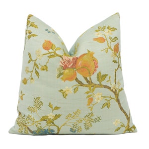Scalamandre - Melograno - Multi on Sky Blue - Romantic Whimsical Indian European Lampas  Designer Cushion Cover - Luxury Throw Pillow Home