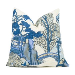 Thibaut - Asian Scenic - Blue and Beige - Chic Chinoiserie Inspired Cushion Cover - Handmade Throw Pillow - Designer Home Décor