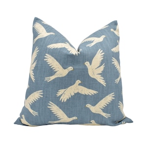 Sanderson - Paper Doves - Denim - Charming White Dove Cushion Cover - Blue Cream Stipple Effect Linen Cotton Pillow Cover - Handmade Bird